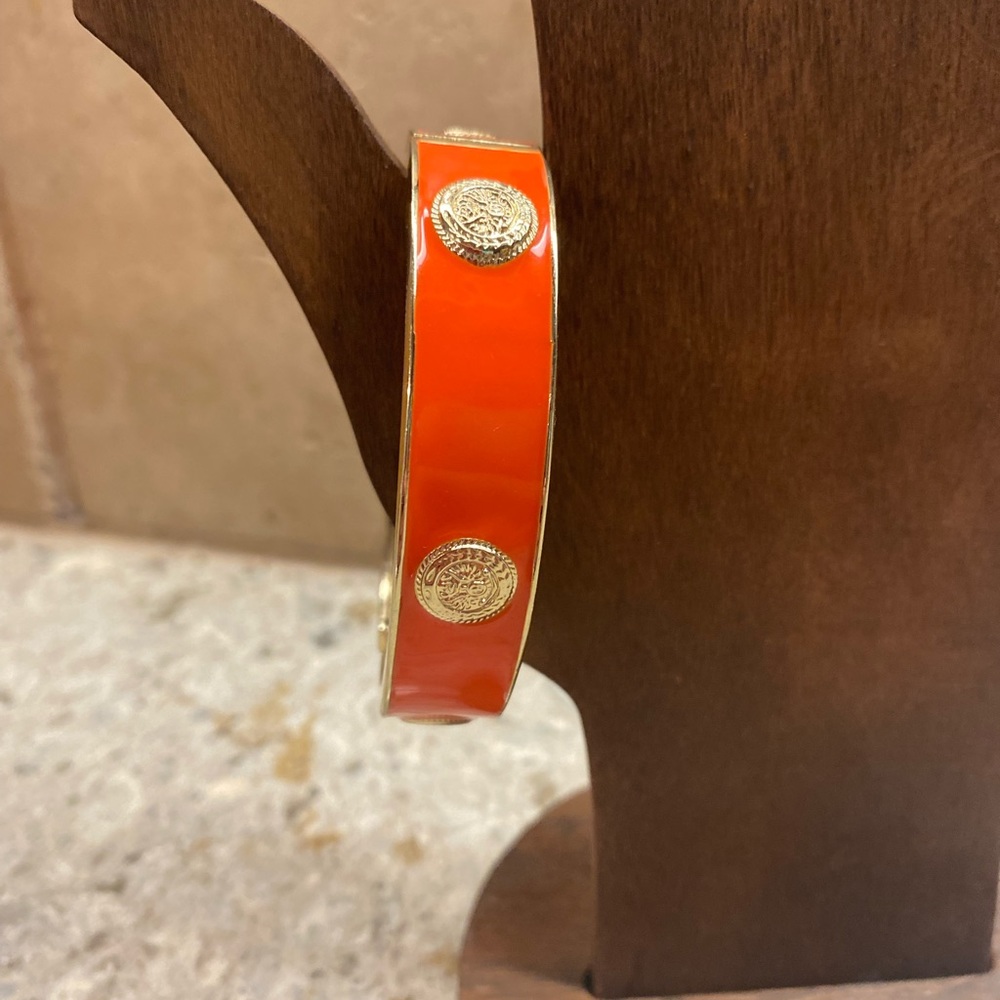 Orange Enamel and Gold Hinged Bracelet